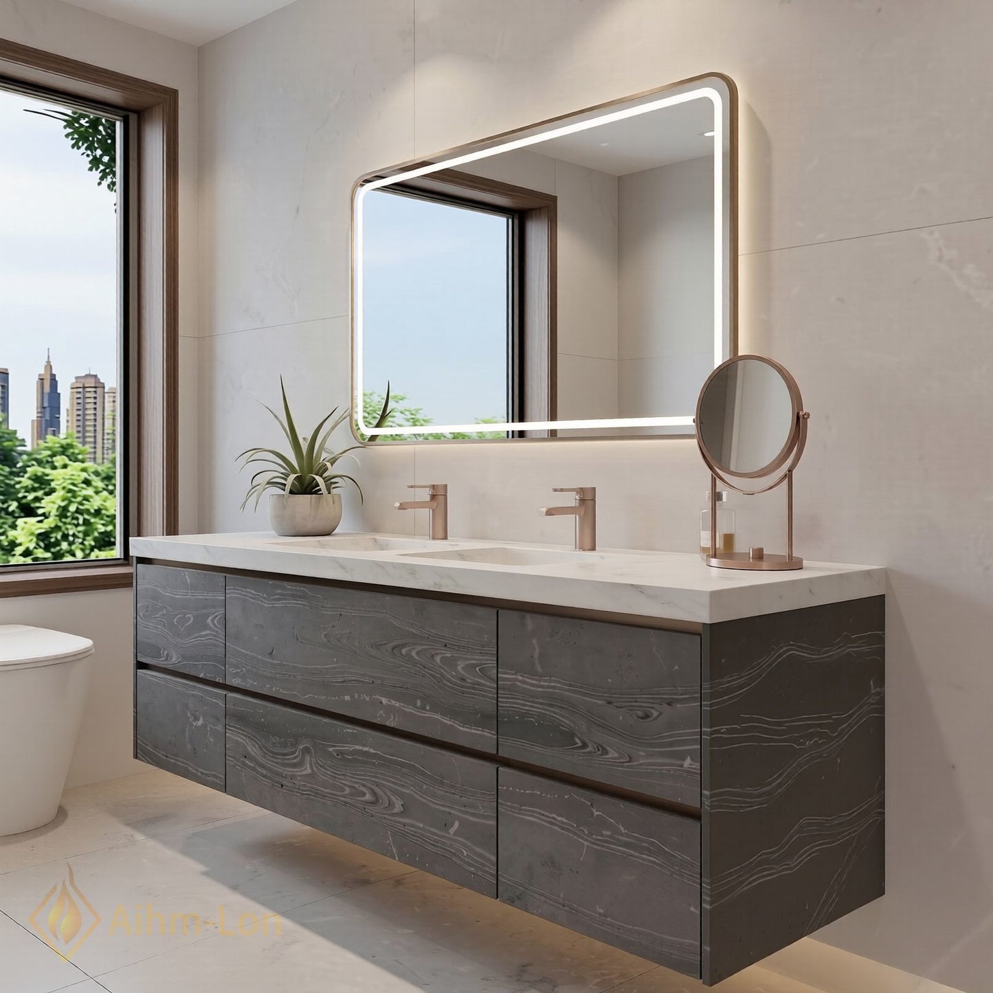 60''-96'' Floating Bathroom Vanity with Sink Charcoal Grey Marble-Style Drawers Cabinet