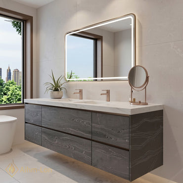 60''-96'' Floating Bathroom Vanity with Sink Charcoal Grey Marble-Style Drawers Cabinet