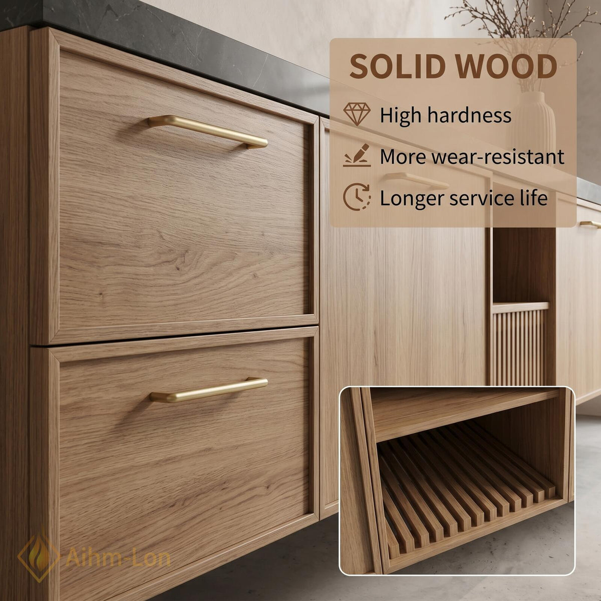 60''-96'' Double Bathroom Vanity with Sink Dark Stone Top Slatted Center Shelving