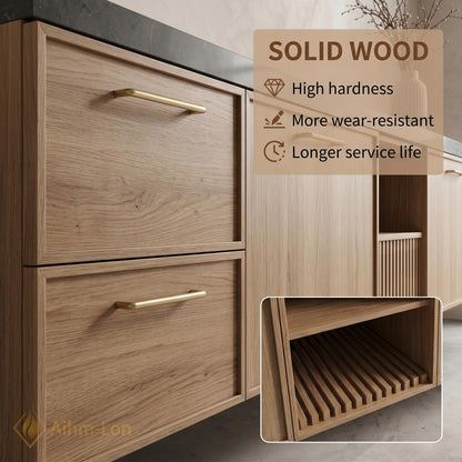60''-96'' Double Bathroom Vanity with Sink Dark Stone Top Slatted Center Shelving