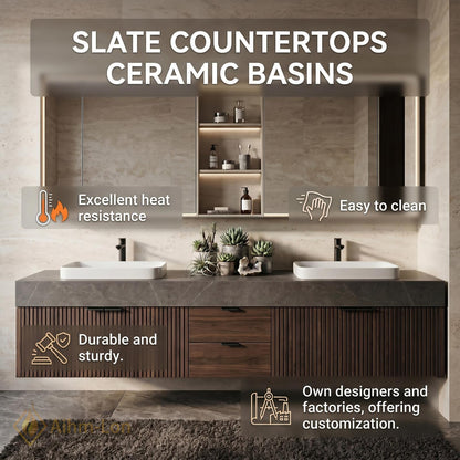 60''-96'' Modern Floating Bathroom Vanity with Sink Dark Walnut Slatted Center Panel