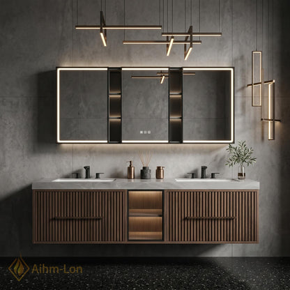 60''-96'' Double Bathroom Vanity with Sink Floating Vanity Open Shelving Fluted Glass