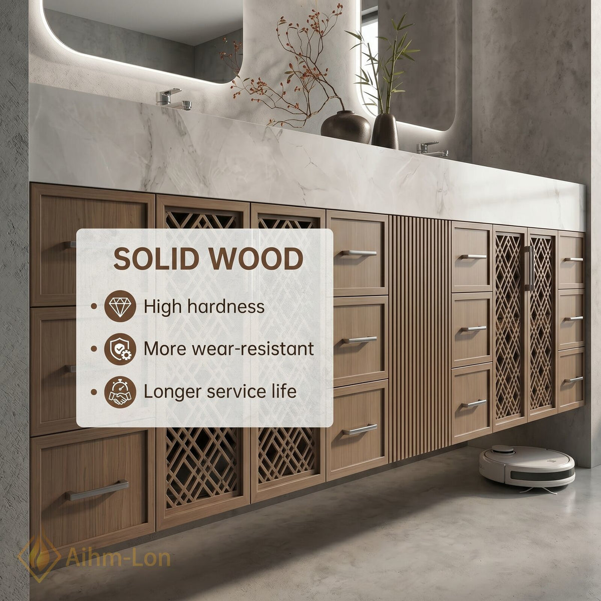76''-96'' Double Bathroom Vanity with Sink Lattice Grid Pattern Doors Sets Marble