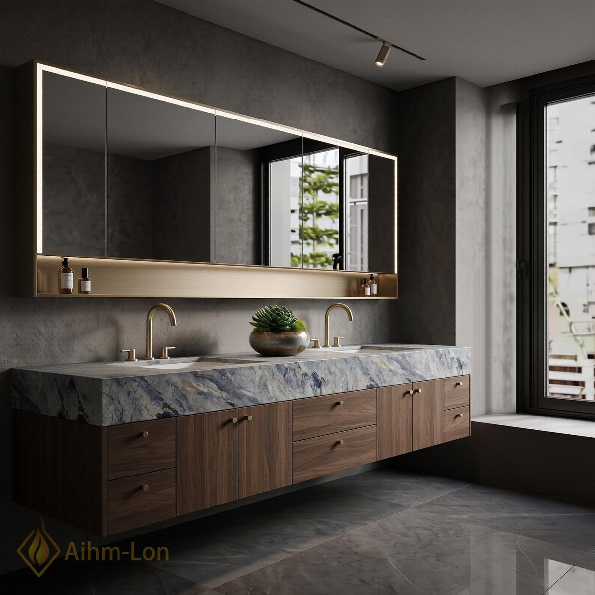 60''-96'' Double Bathroom Vanity with Sink Marble Effect Open Drawer Storage
