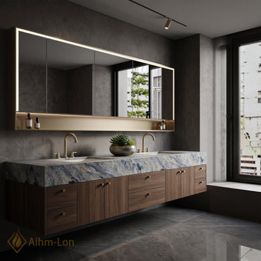 60''-96'' Double Bathroom Vanity with Sink Marble Effect Open Drawer Storage