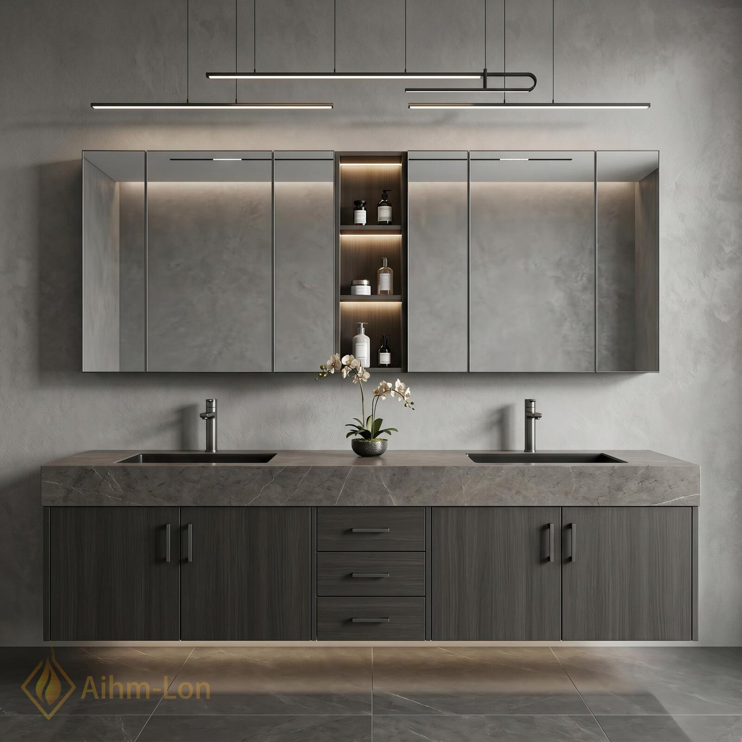 60''-96'' Double Bathroom Vanity with Sink Sleek Floating Stone-Like Surface Mirror Cabinet