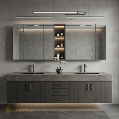 60''-96'' Double Bathroom Vanity with Sink Sleek Floating Stone-Like Surface Mirror Cabinet