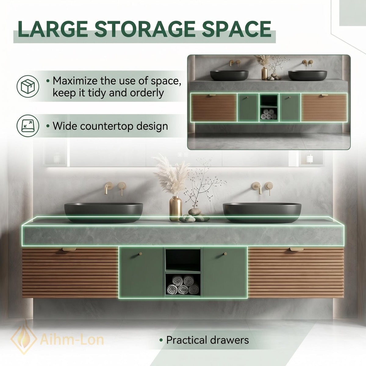 60''-96'' Bathroom Vanity with Sink Modern Floating Green Slatted Finish Stone-Like Top