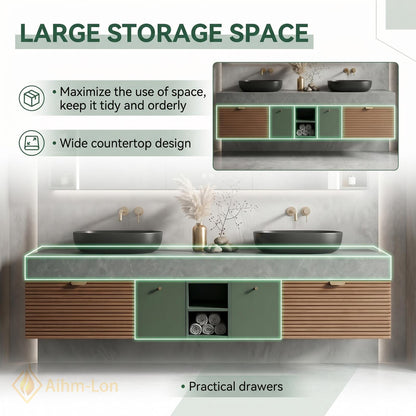 60''-96'' Bathroom Vanity with Sink Modern Floating Green Slatted Finish Stone-Like Top