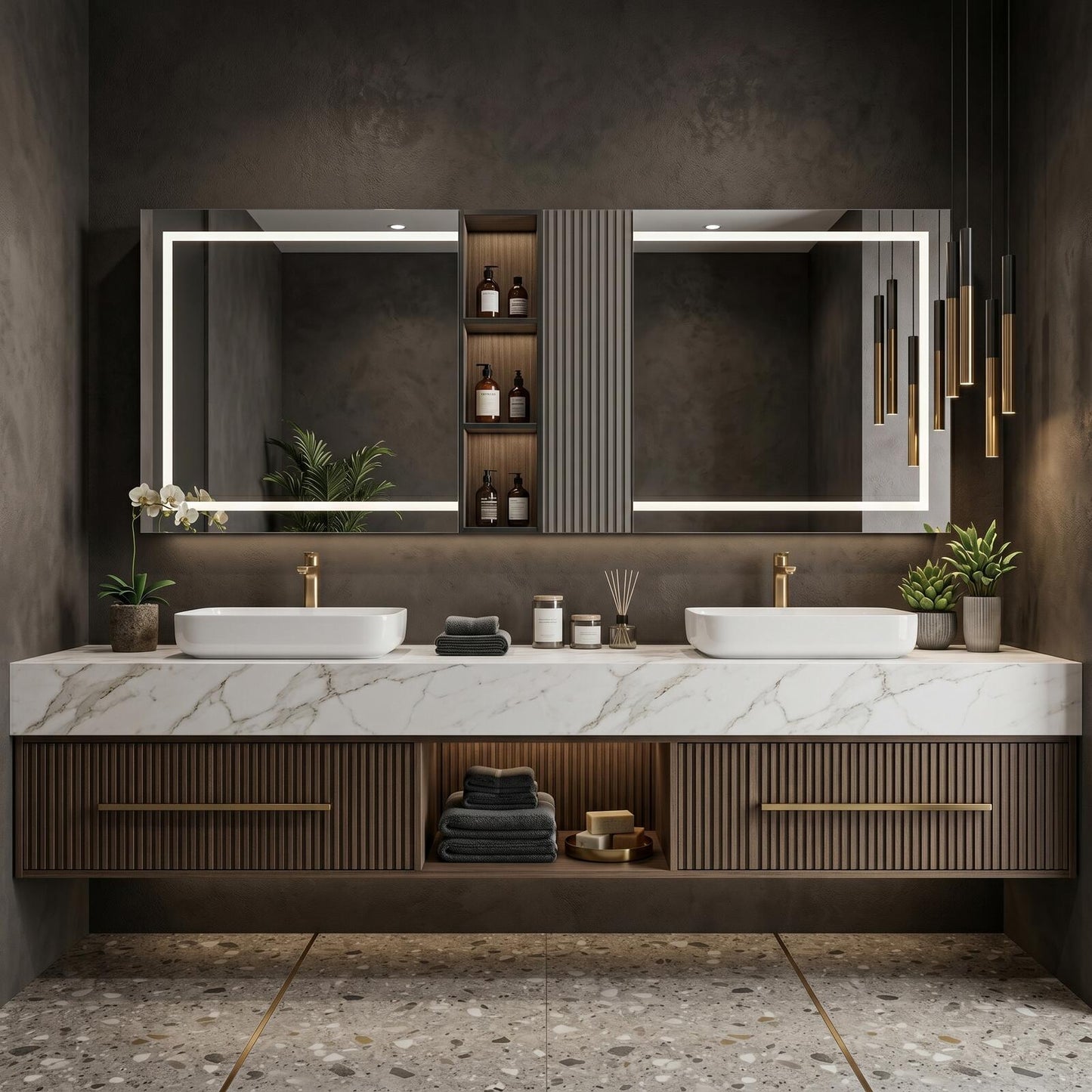 60''-96'' Modern Bathroom Vanity with Sink Double Sink White Marble Slatted Center Panel Cabinet