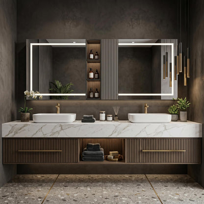 60''-96'' Modern Bathroom Vanity with Sink Double Sink White Marble Slatted Center Panel Cabinet