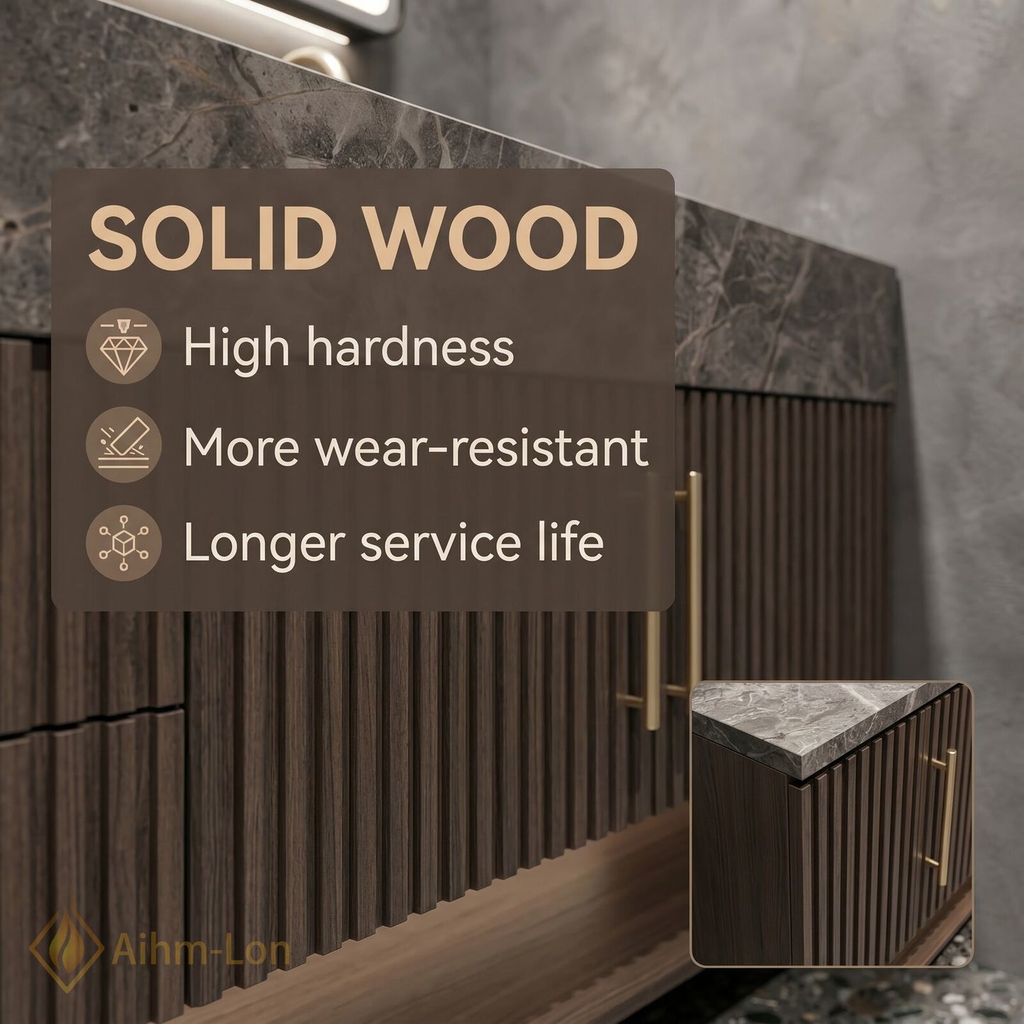 78''-96'' Double Bathroom Vanity with Sink Vertical Slat Wood Panels Dark Marble