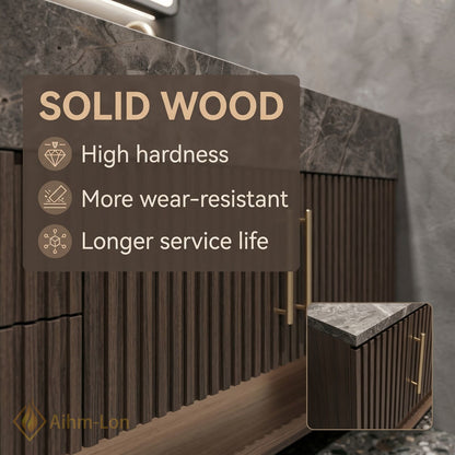 78''-96'' Double Bathroom Vanity with Sink Vertical Slat Wood Panels Dark Marble