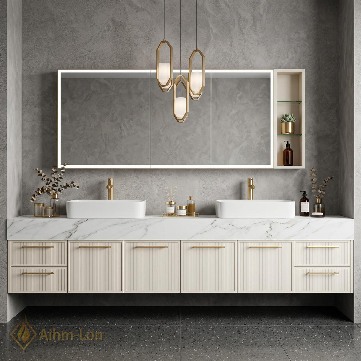 60''-96'' Double Bathroom Vanity with Sink Modern Floating Marble Look Paneled Doors