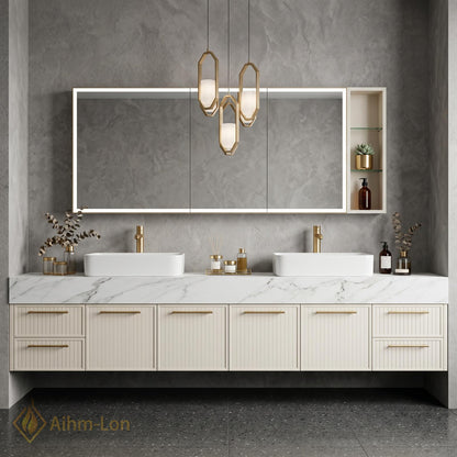 60''-96'' Double Bathroom Vanity with Sink Modern Floating Marble Look Paneled Doors