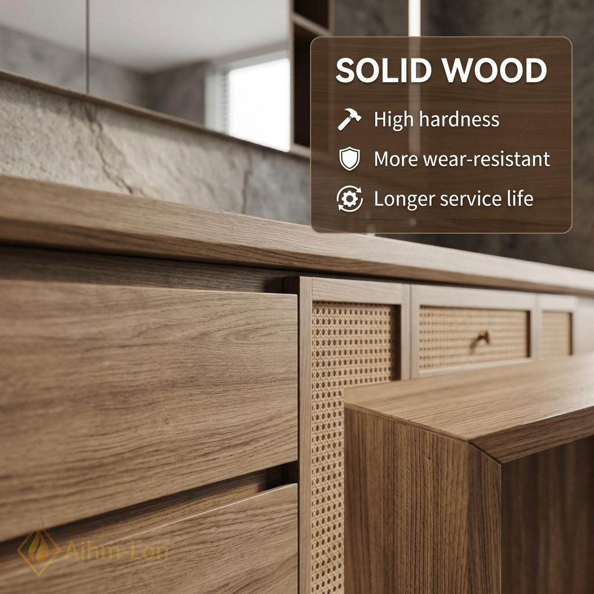 76''-96'' Double Bathroom Vanity with Sink Warm Oak Grain Rattan Drawer Pulls