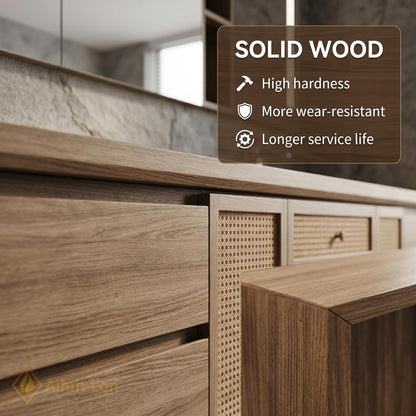 76''-96'' Double Bathroom Vanity with Sink Warm Oak Grain Rattan Drawer Pulls