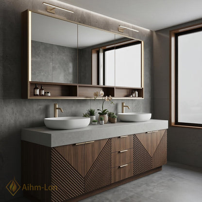 70''-96'' Modern Bathroom Vanity with Sink Floating Diagonal Wood Slate Stone Mirror Storage