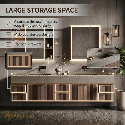 70''-96'' Modern Double Bathroom Vanity with Sink Floating Dark Wood Ridged Doors