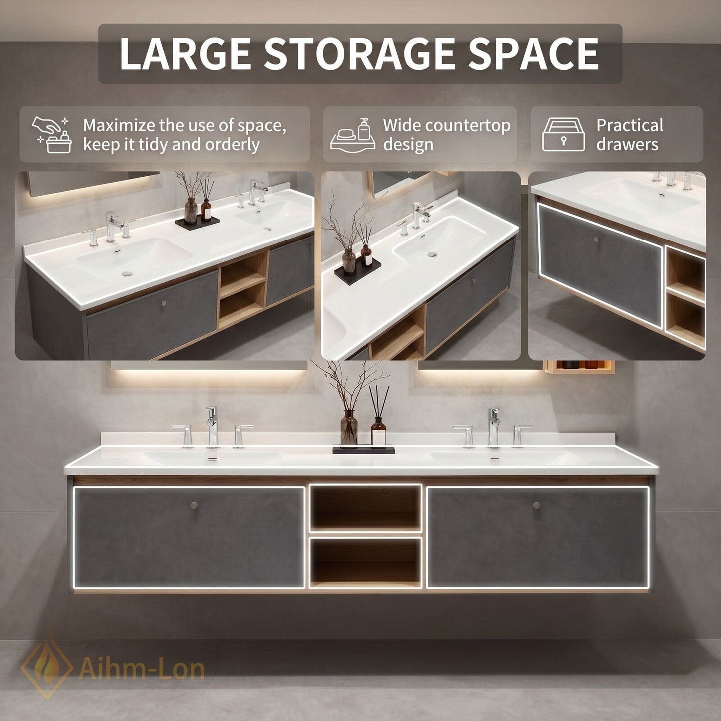 60''-96'' Floating Bathroom Vanity with Sink Grey Cabinet White Countertop Open Shelving