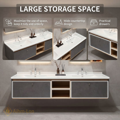 60''-96'' Floating Bathroom Vanity with Sink Grey Cabinet White Countertop Open Shelving