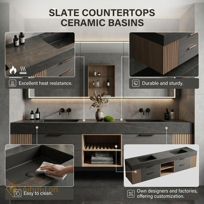 60''-96'' Bathroom Vanity with Sink Modern Floating Dark Stone Finish Slatted Side