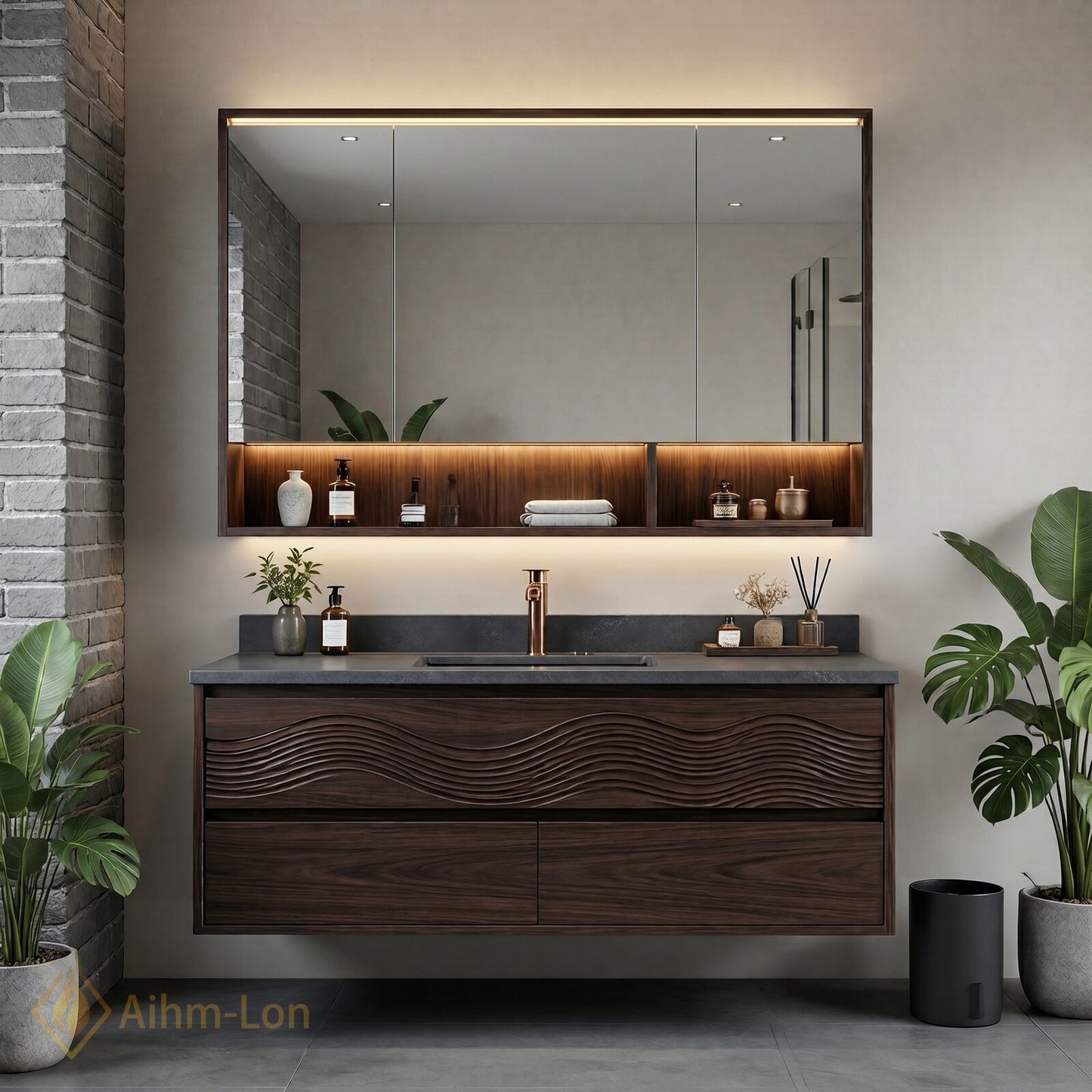 36''-64'' Modern Bathroom Vanity with Sink Floating Wavy Carved Wood Anti-Fog Mirror