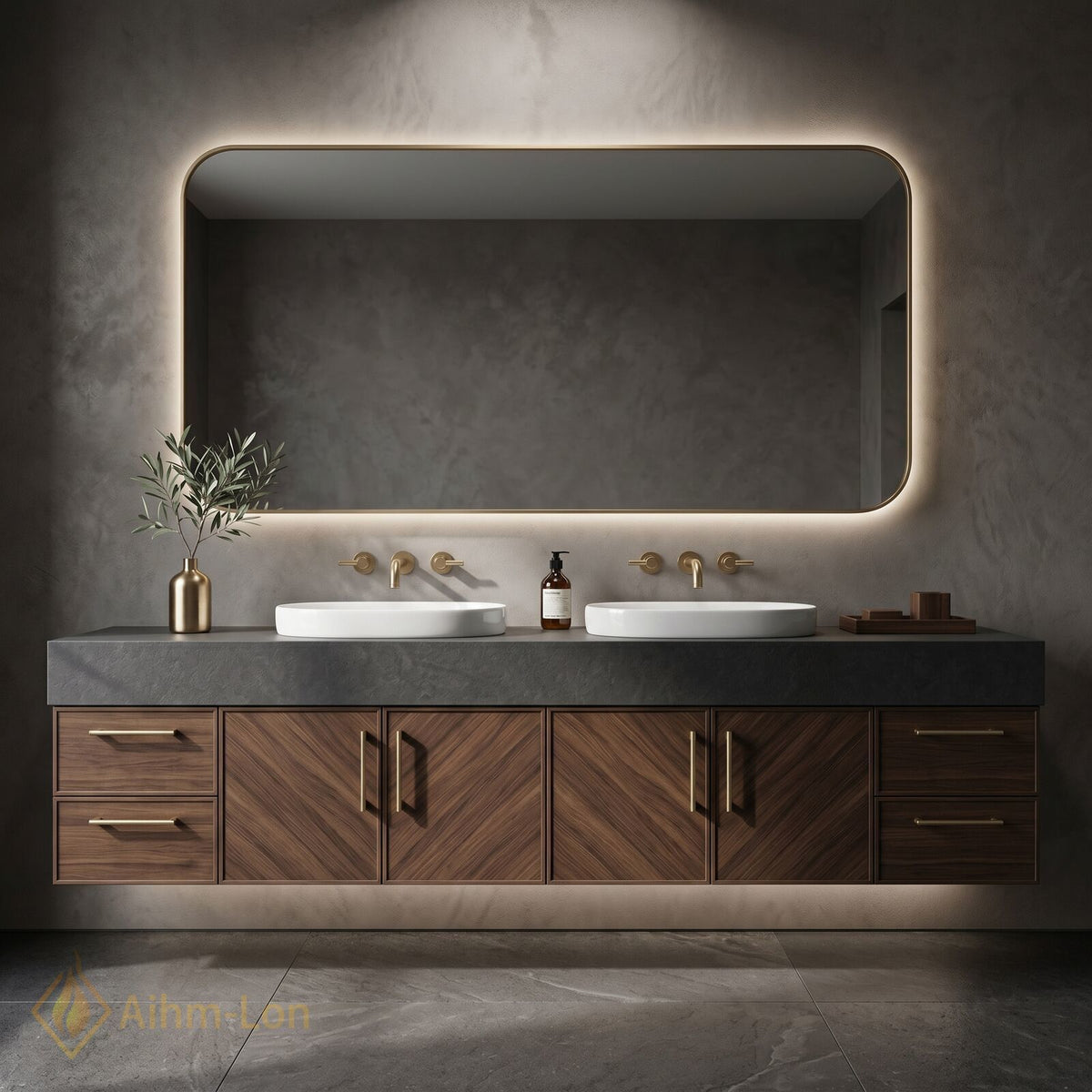 60''-96'' Double Bathroom Vanity with Sink Dark Grey Countertop Chevron Wood Doors