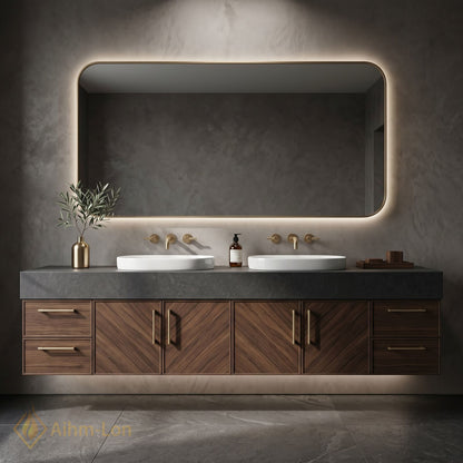 60''-96'' Double Bathroom Vanity with Sink Dark Grey Countertop Chevron Wood Doors