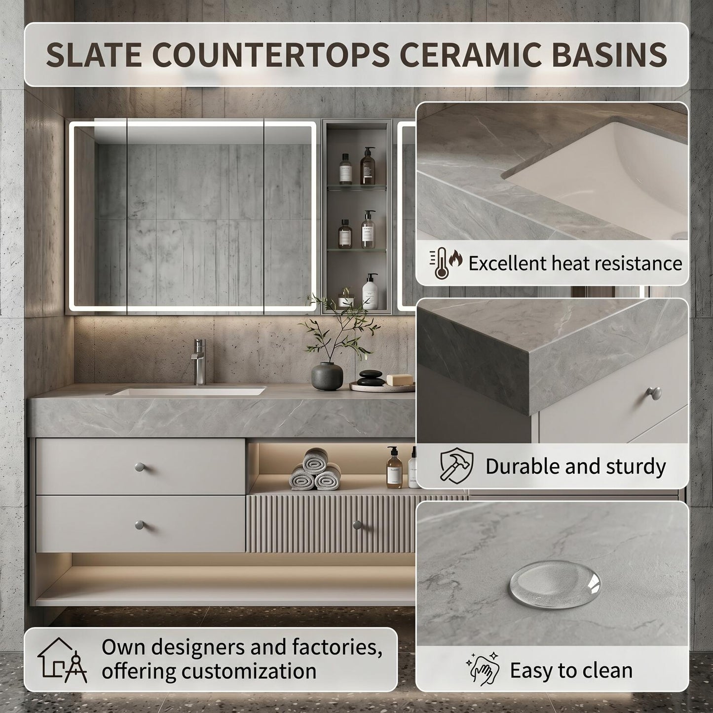 60''-96'' Modern Bathroom Vanity with Sink Double Sink Grey Stone Slatted Divider Mirror Cabinet