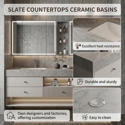 60''-96'' Modern Bathroom Vanity with Sink Double Sink Grey Stone Slatted Divider Mirror Cabinet