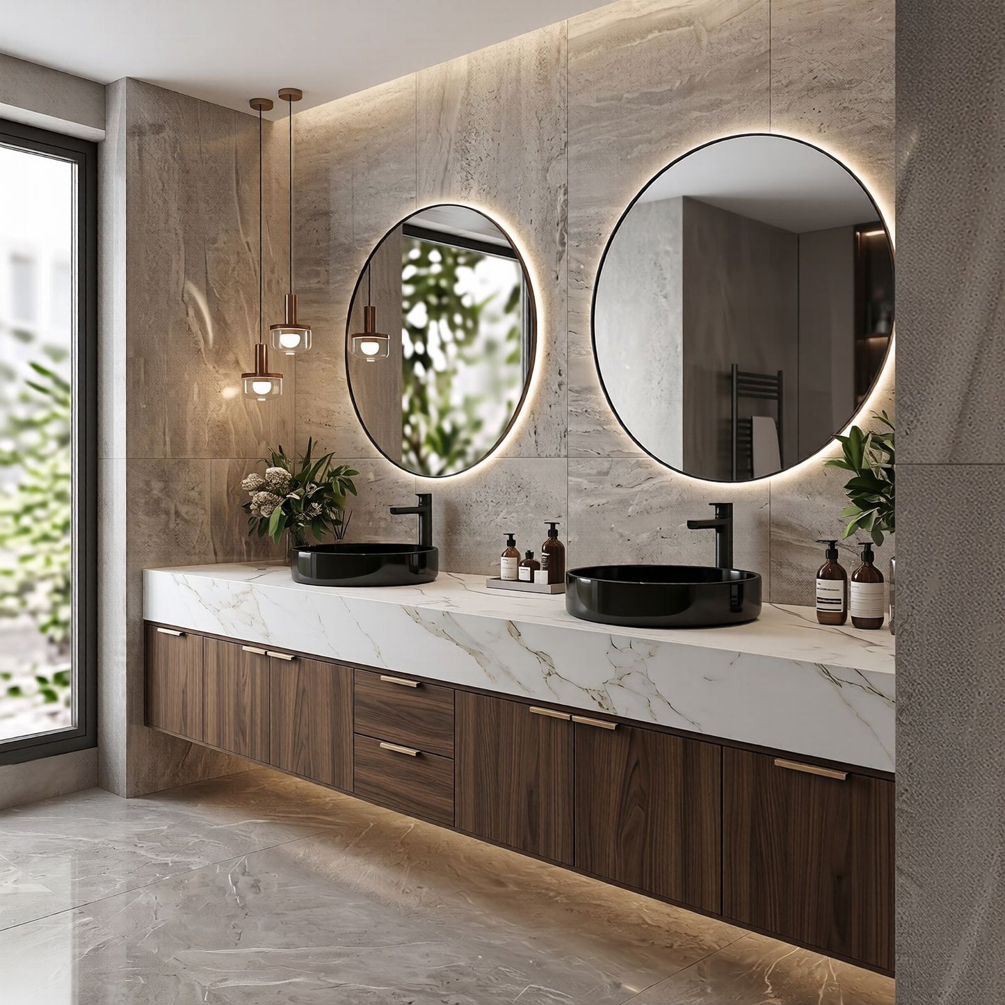 70''-96'' Double Bathroom Vanity with Sink Marble Top Wood-Grain Base Backlit Mirrors