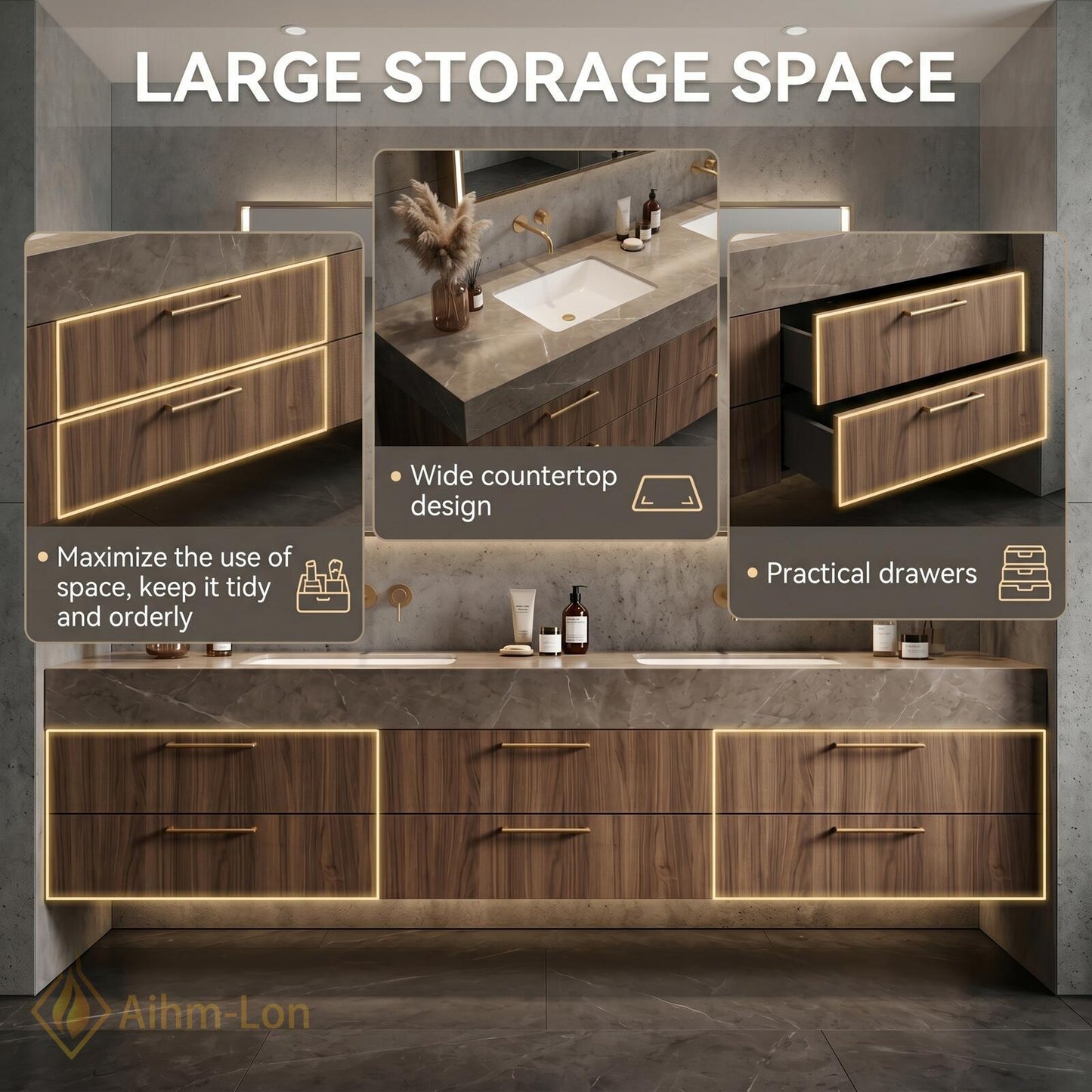 60''-96'' Double Bathroom Vanity with Sink Dark-Walnut Floating Slatted Center Panel