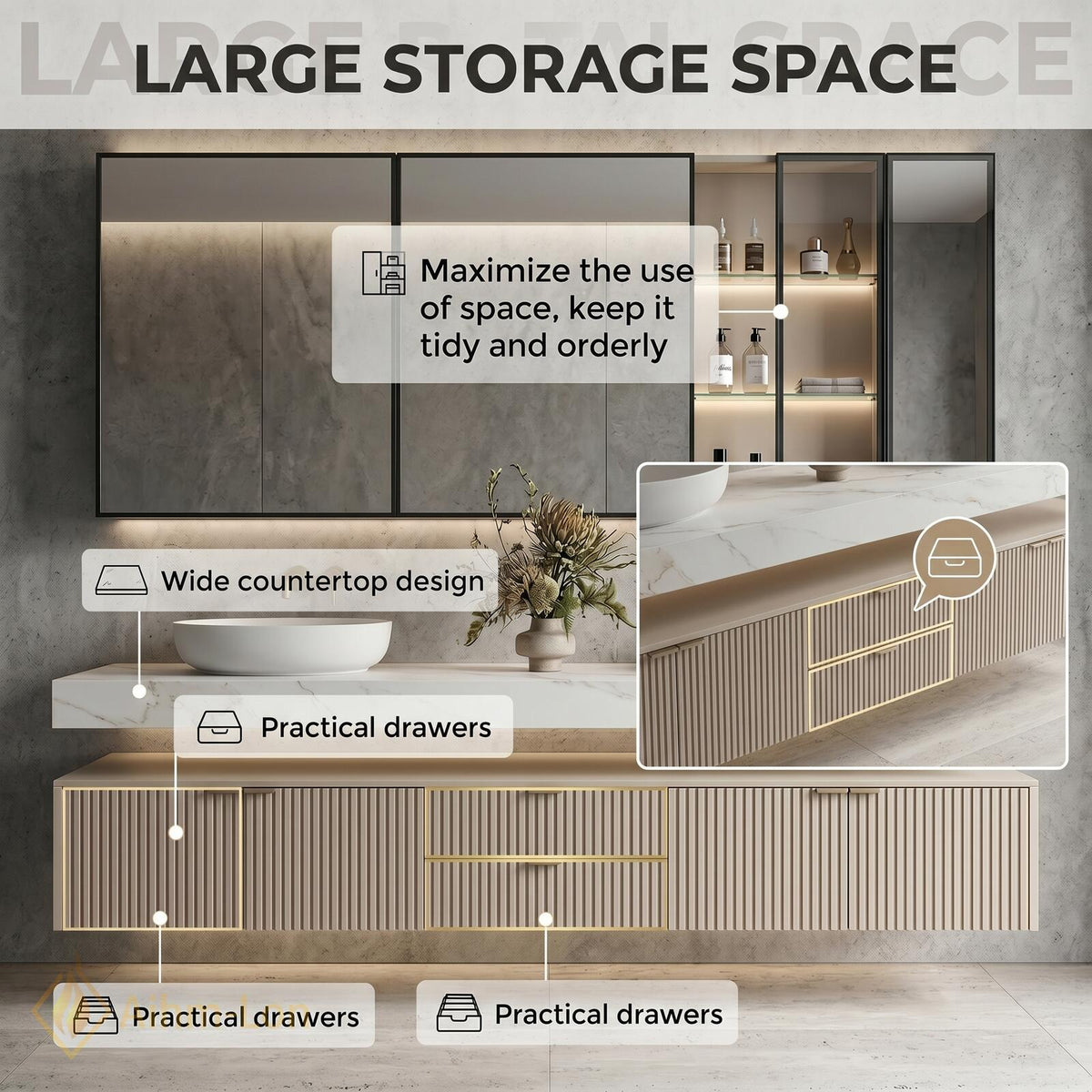 60''-96'' Double Bathroom Vanity with Sink Modern Floating Stone Top Fluted Doors