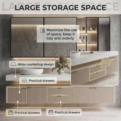 60''-96'' Double Bathroom Vanity with Sink Modern Floating Stone Top Fluted Doors