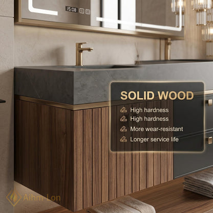 60''-96'' Double Bathroom Vanity with Sink Modern Floating Dark Stone Slatted Center