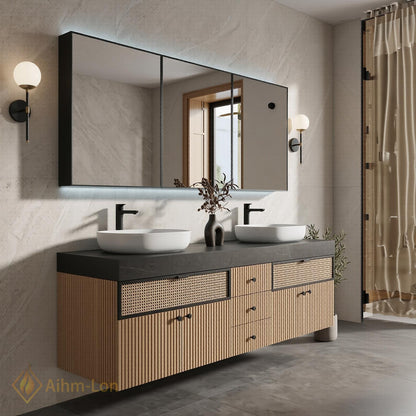 70''-96'' Double Bathroom Vanity with Sink Modern Floating Warm Oak Rattan Weave