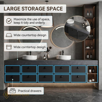 76''-96'' Double Bathroom Vanity with Sink Dark Charcoal Modern Floating Stone-Top