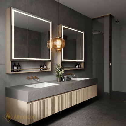 60''-96'' Double Bathroom Vanity with Sink Ribbed Panel Warm Wood Finish Open Shelving