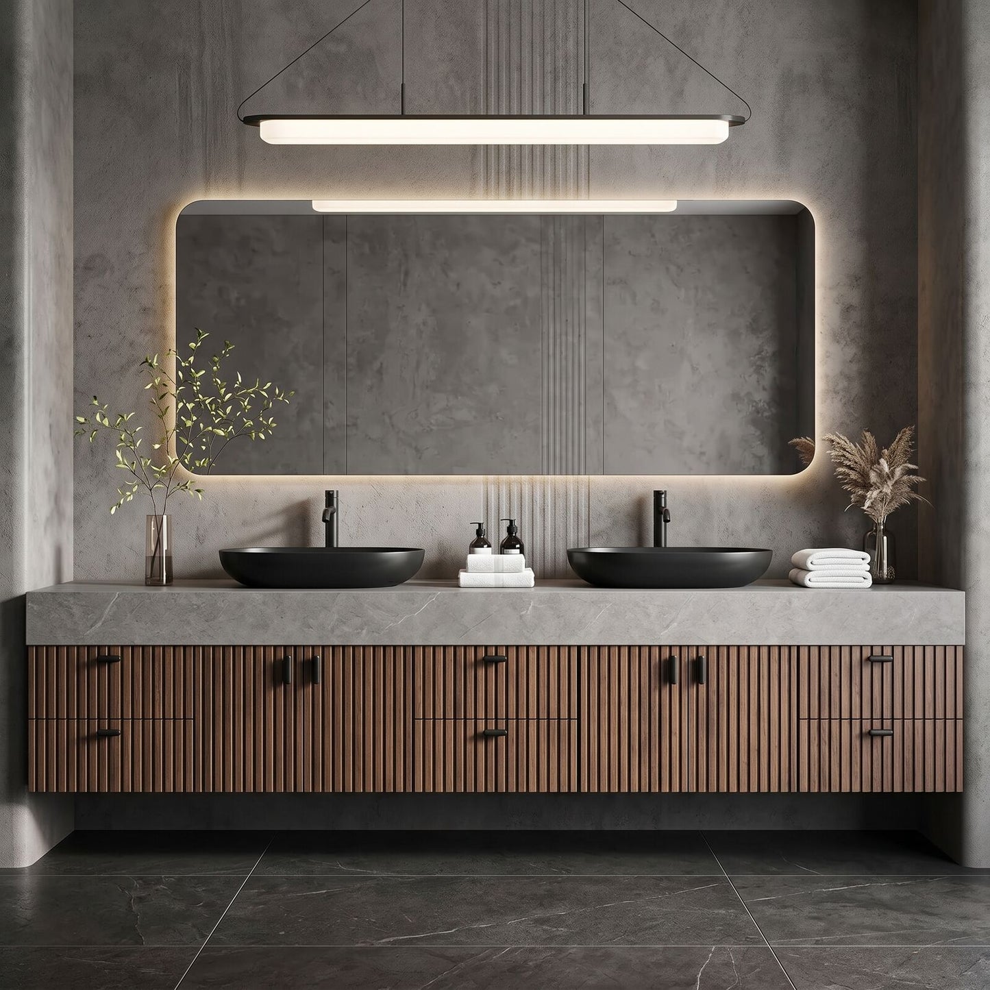 78''-96'' Modern Bathroom Vanity with Sink Double Sink Grey Stone Slatted Wood Front