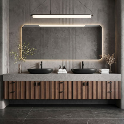 78''-96'' Modern Bathroom Vanity with Sink Double Sink Grey Stone Slatted Wood Front
