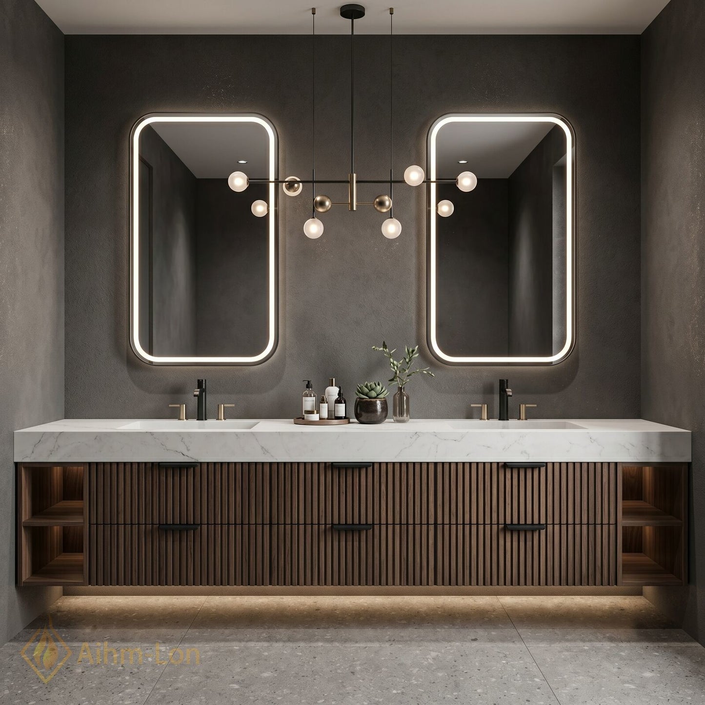 78''-96'' Double Bathroom Vanity with Sink White-Marble White Floating Modern Slatted Style