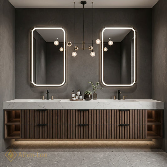 78''-96'' Double Bathroom Vanity with Sink White-Marble White Floating Modern Slatted Style