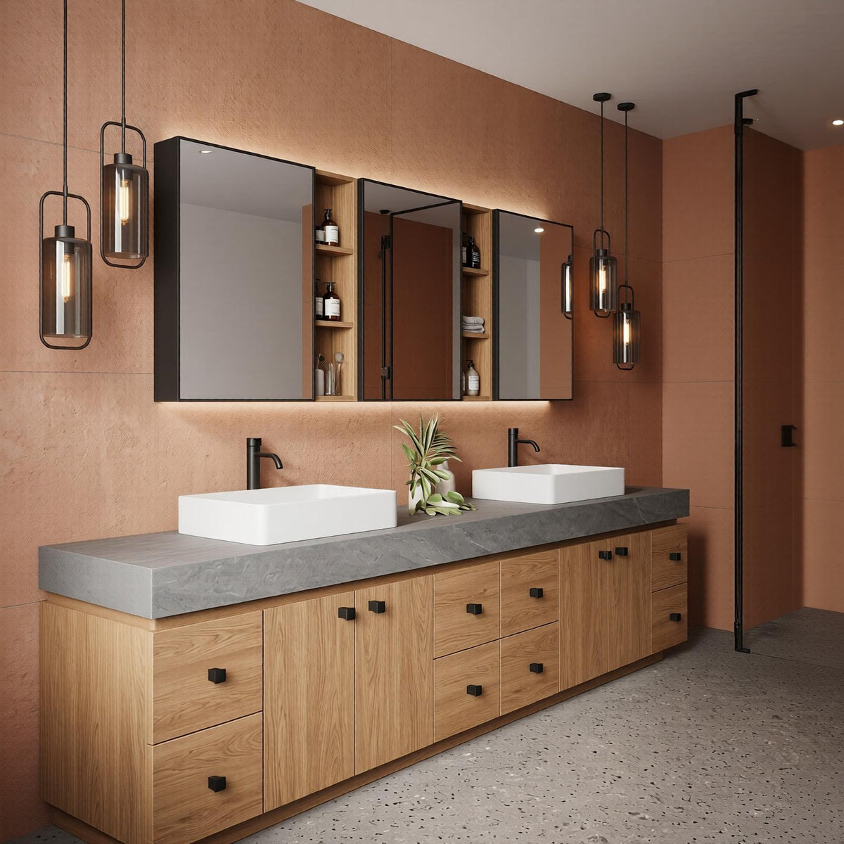 60''-96'' Double Bathroom Vanity with Sink Modern Floating Stone-Textured Wood Grain Finish