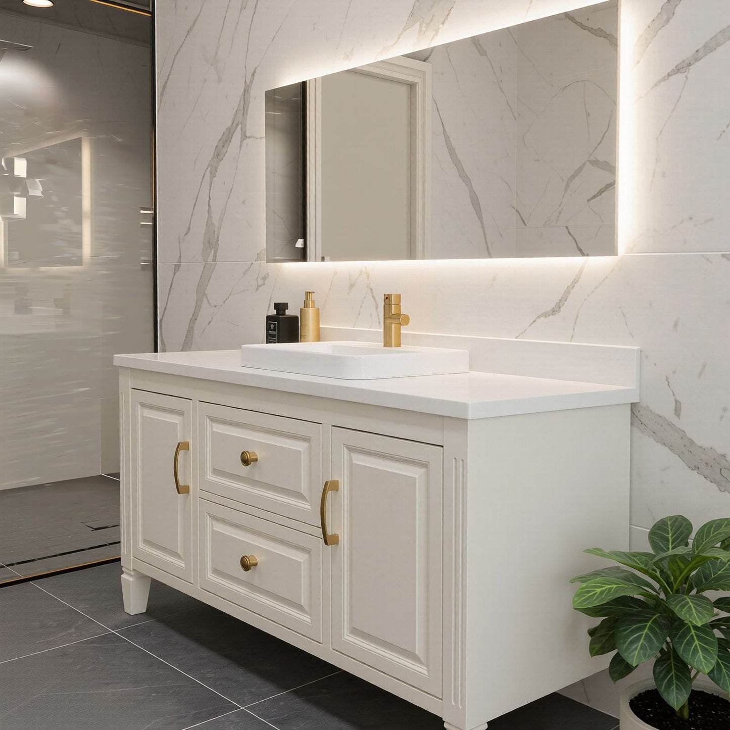 50''-64'' Elegant Bathroom Vanity with Sink White Wood-Paneled Stone LED Fluted Mirror
