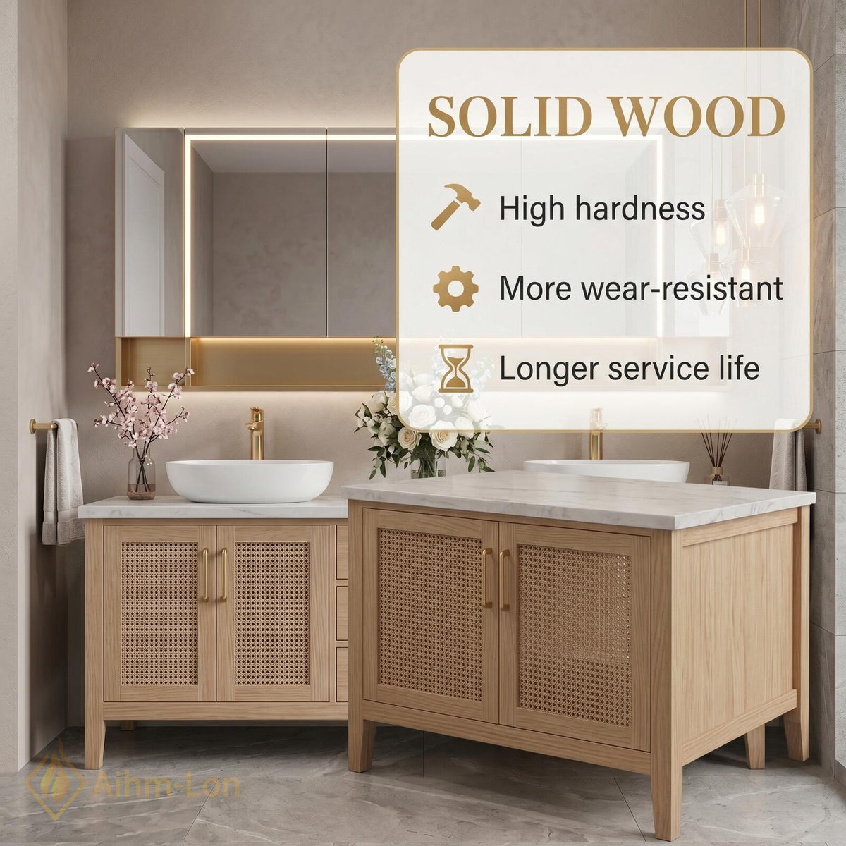 60''-96'' Double Bathroom Vanity with Sink Rattan Fronts Light Oak Frame Storage