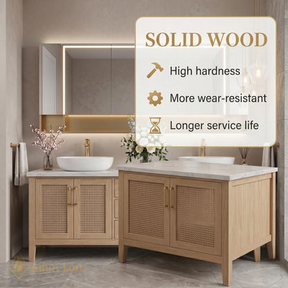 60''-96'' Double Bathroom Vanity with Sink Rattan Fronts Light Oak Frame Storage