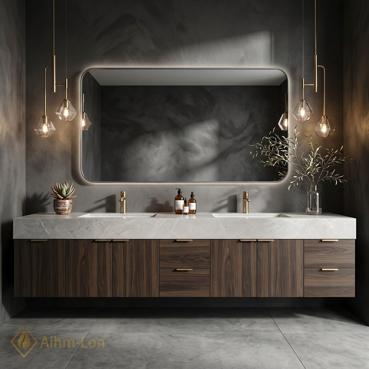 78''-96'' Double Bathroom Vanity with Sink Dark Walnut Finish Slatted Center Storage