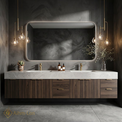 78''-96'' Double Bathroom Vanity with Sink Dark Walnut Finish Slatted Center Storage