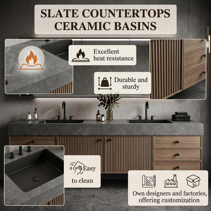 60''-96'' Double Bathroom Vanity with Sink Modern Floating Slatted Wood Doors Wide Countertop